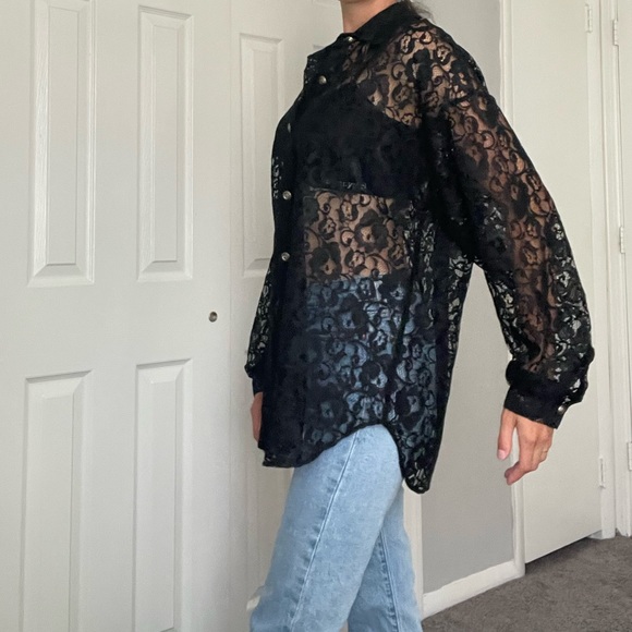 Vintage Fritz and Floyd• Black Lace Sheer Button Down Shirt/ Blouse - Picture 5 of 11